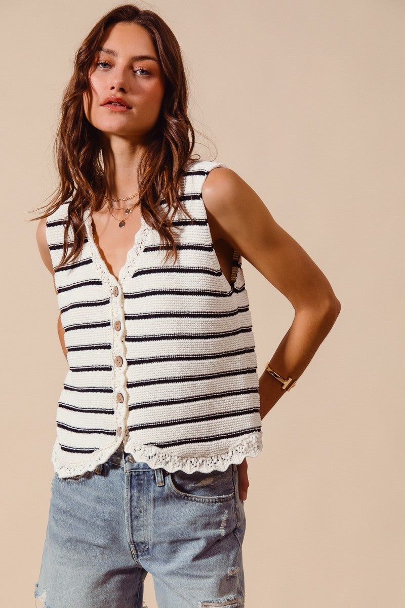 Button front striped knit sweater vest front view