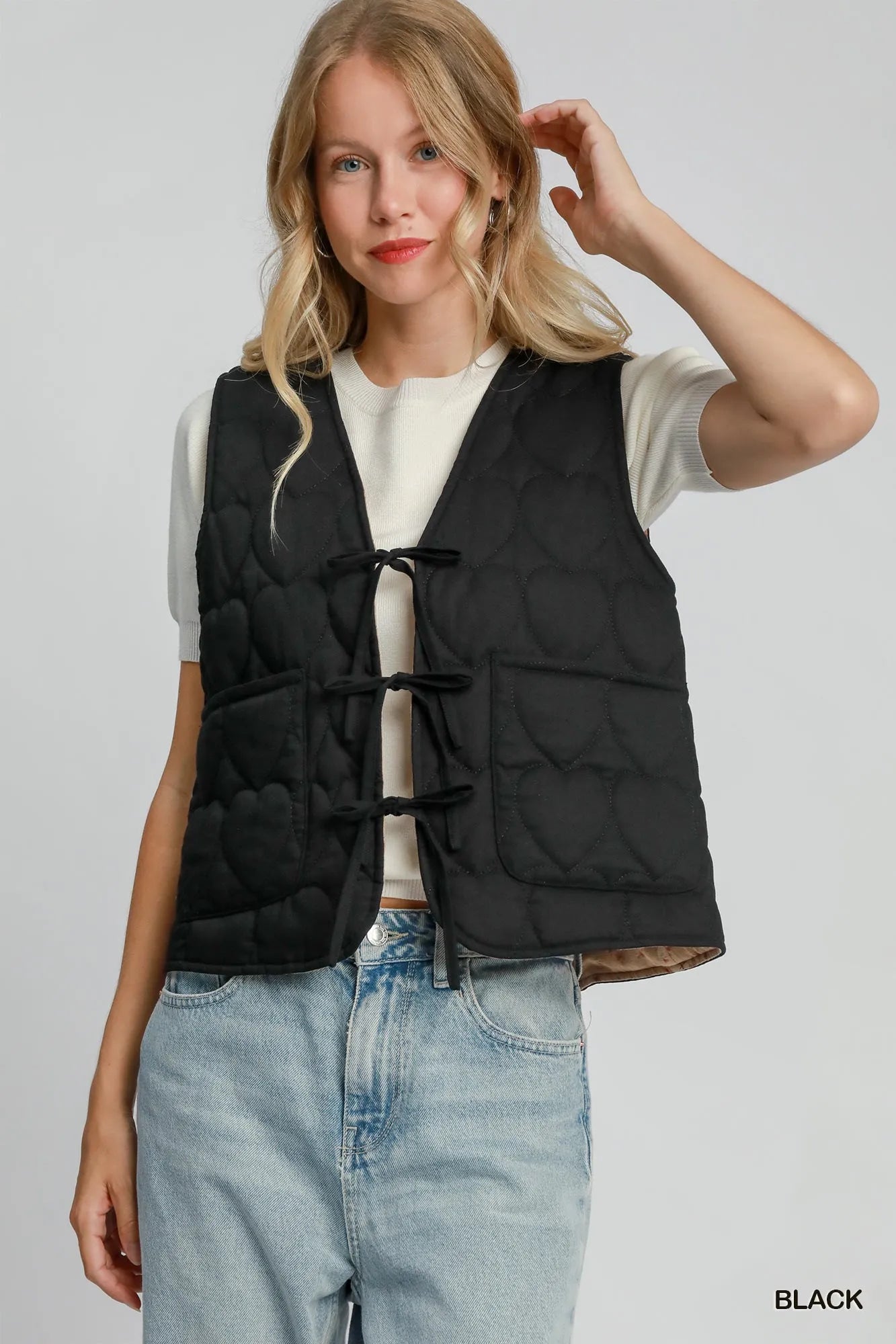 Umgee Heart Quilted Tie-Front Vest Black - Fashorio