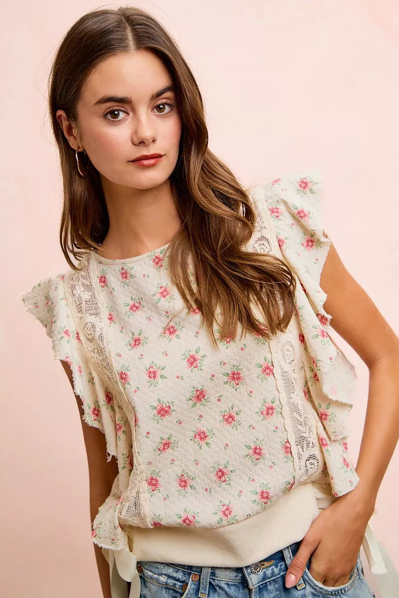 Floral Print Ruffle Sleeve Top, view 47