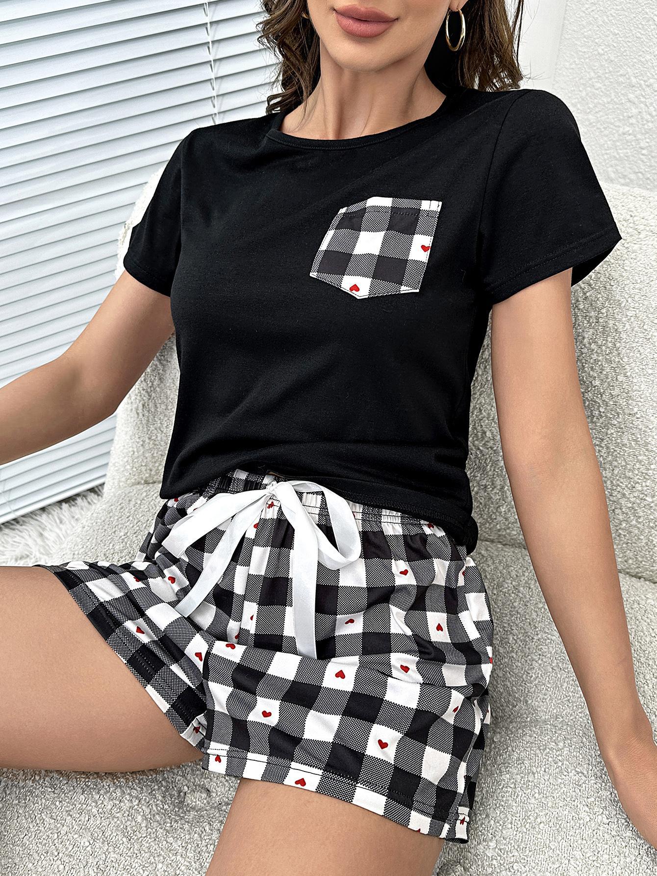 Plaid Heart Top and Shorts Lounge Set - Fashorio