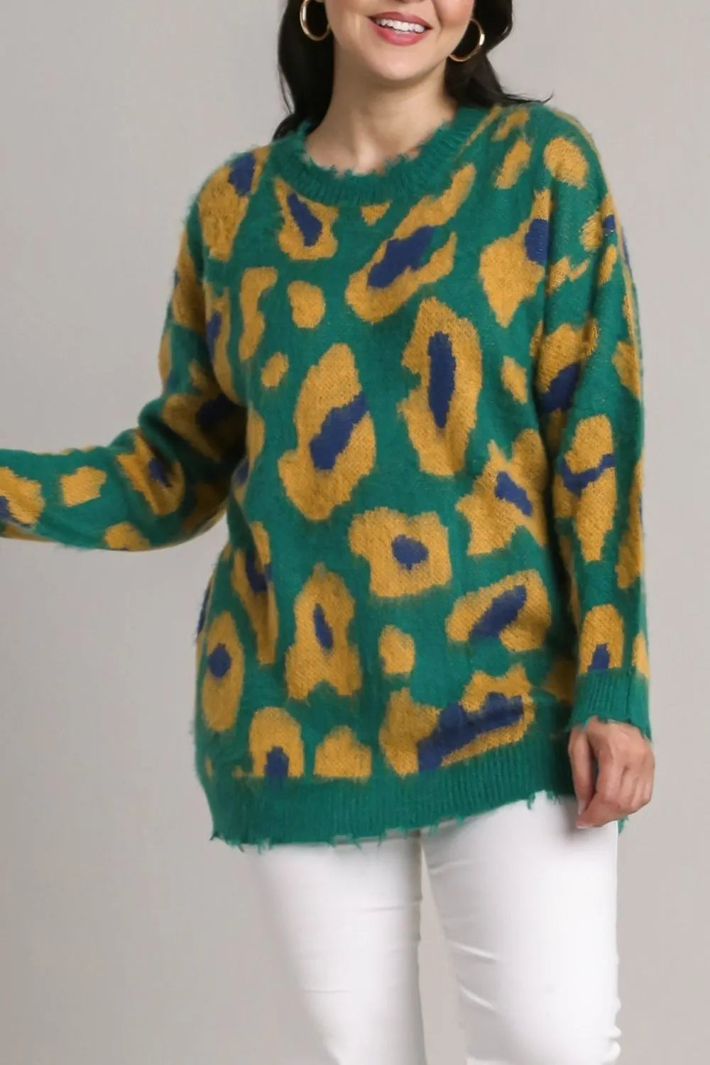 Leopard Distressed Rib Sweater Plus Size in Green side view