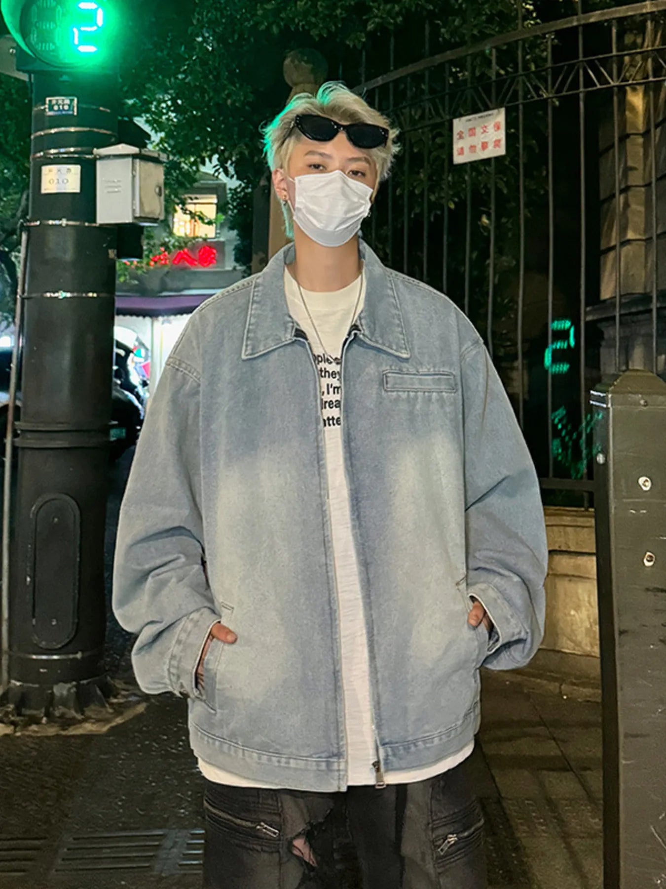 Men's Full Size Zip Up Long Sleeve Denim Jacket Plus Size Light Blue - Fashorio