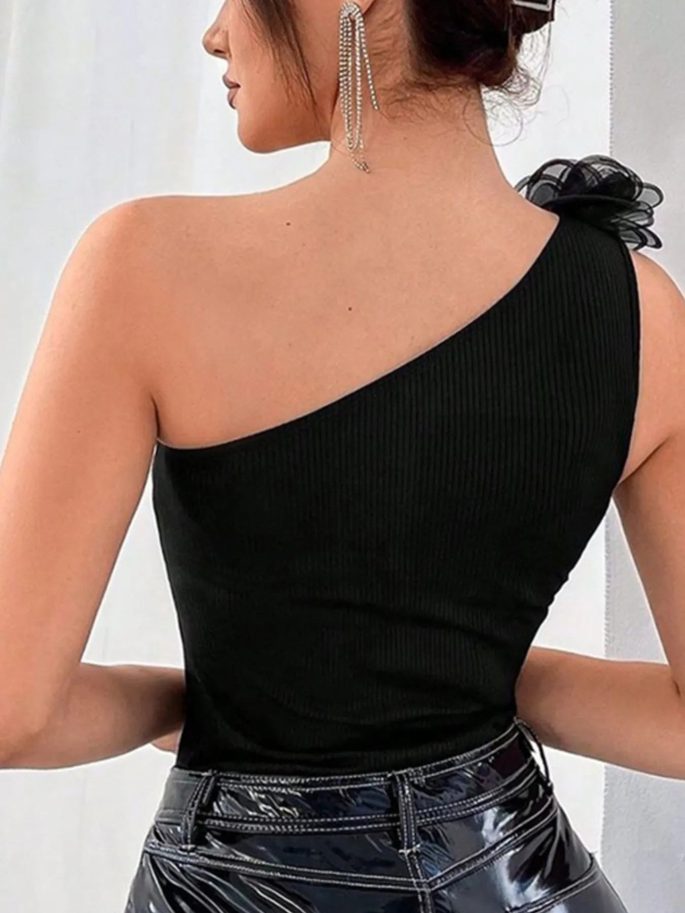 Flower Ribbed Single Shoulder Tank - Fashorio