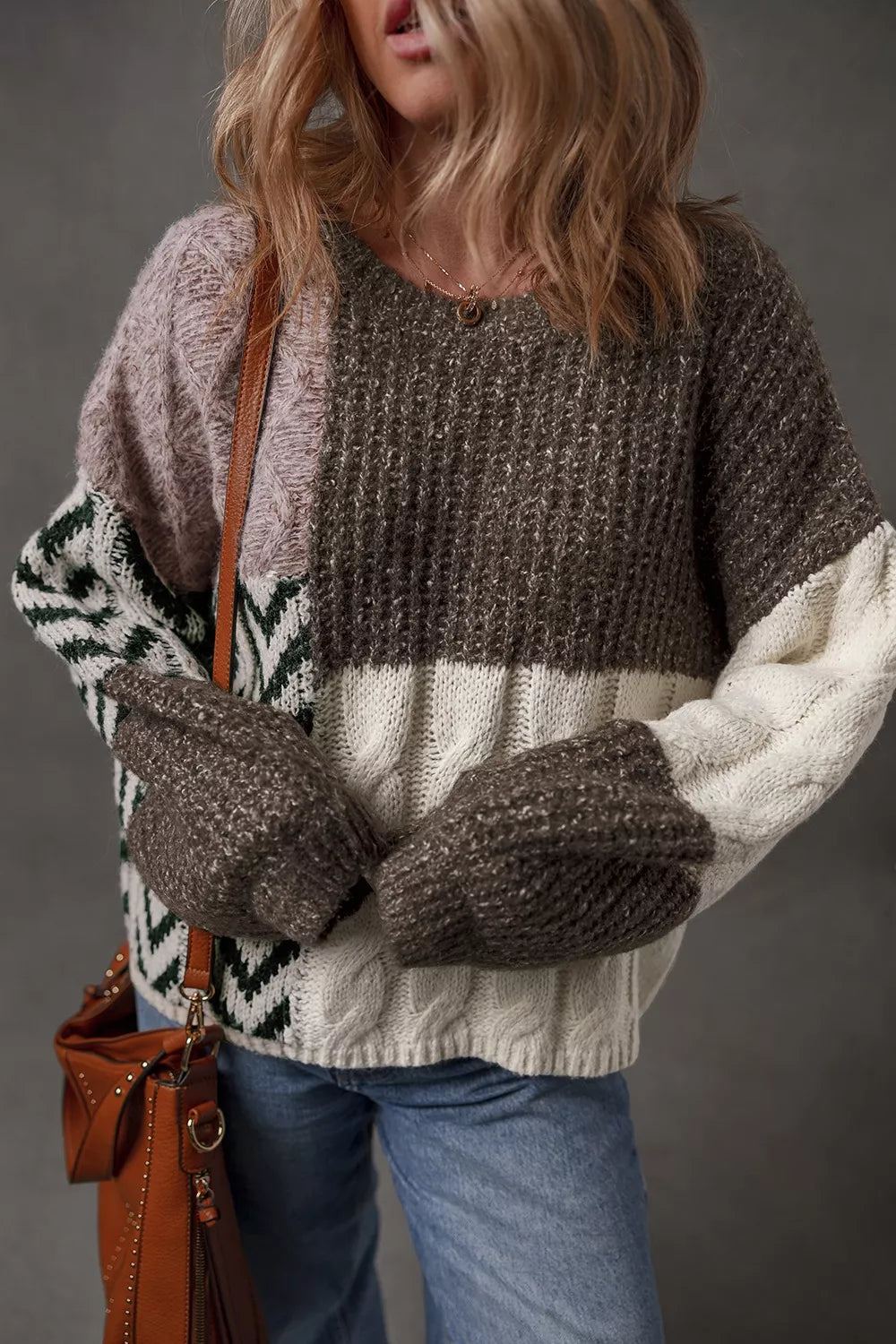 dark brown color block cable knit sweater front view