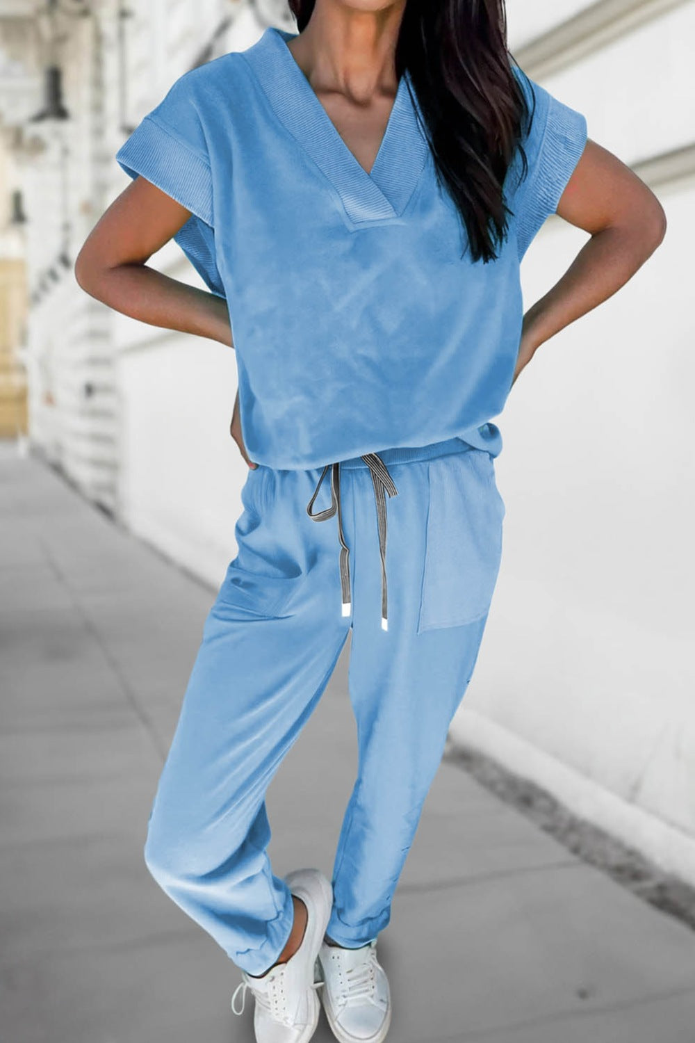 Short sleeve top and drawstring pants fit view