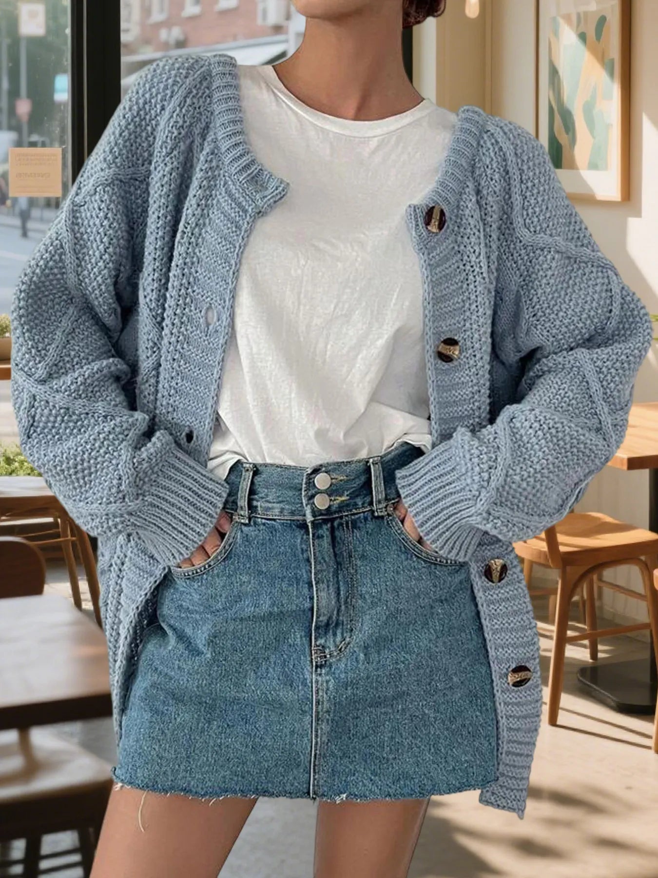 Button-Front Long Sleeve Cardigan - Fashorio