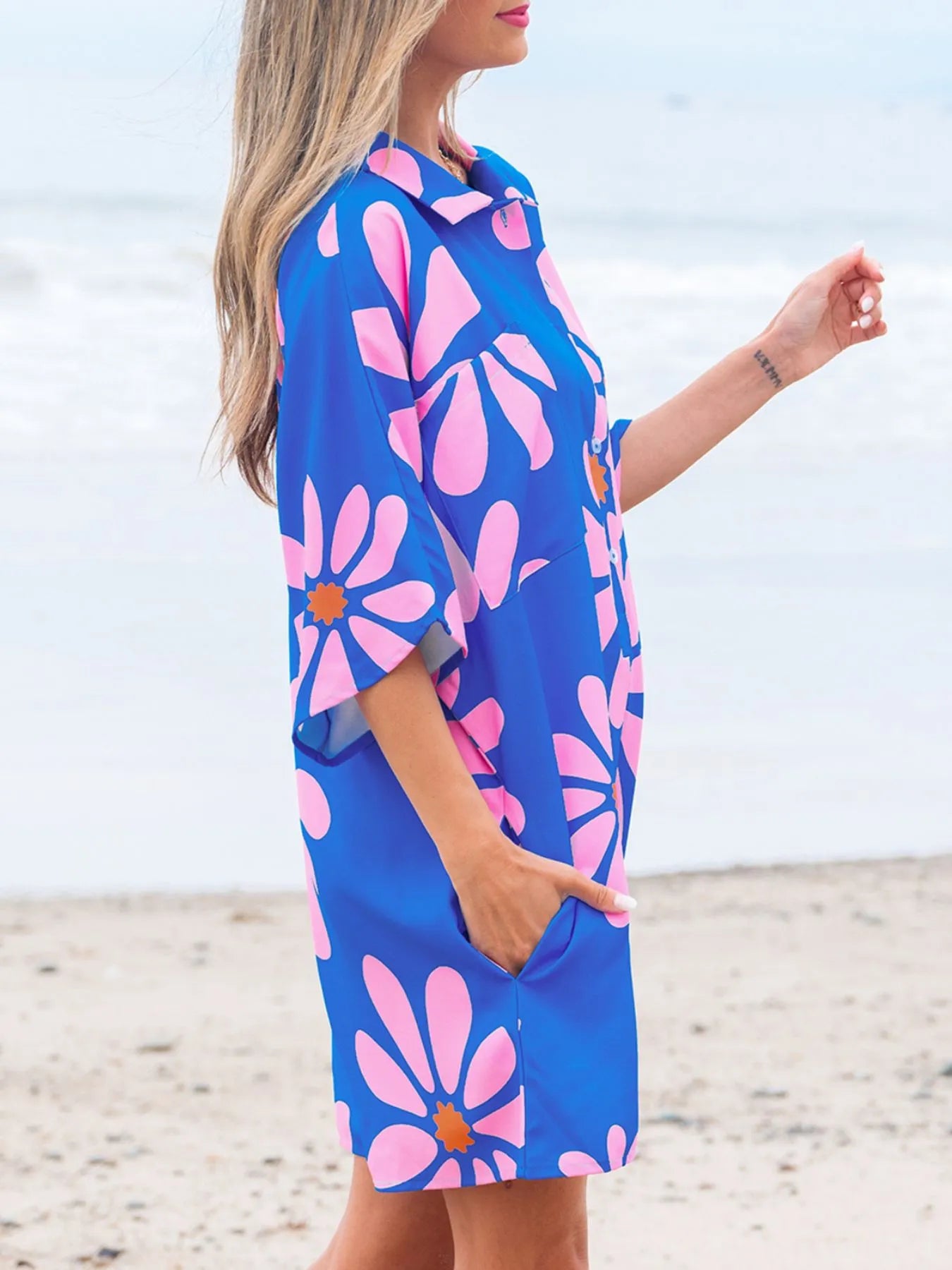 Summer Flower Print Shirt Collar Button Front Loose Romper - Fashorio