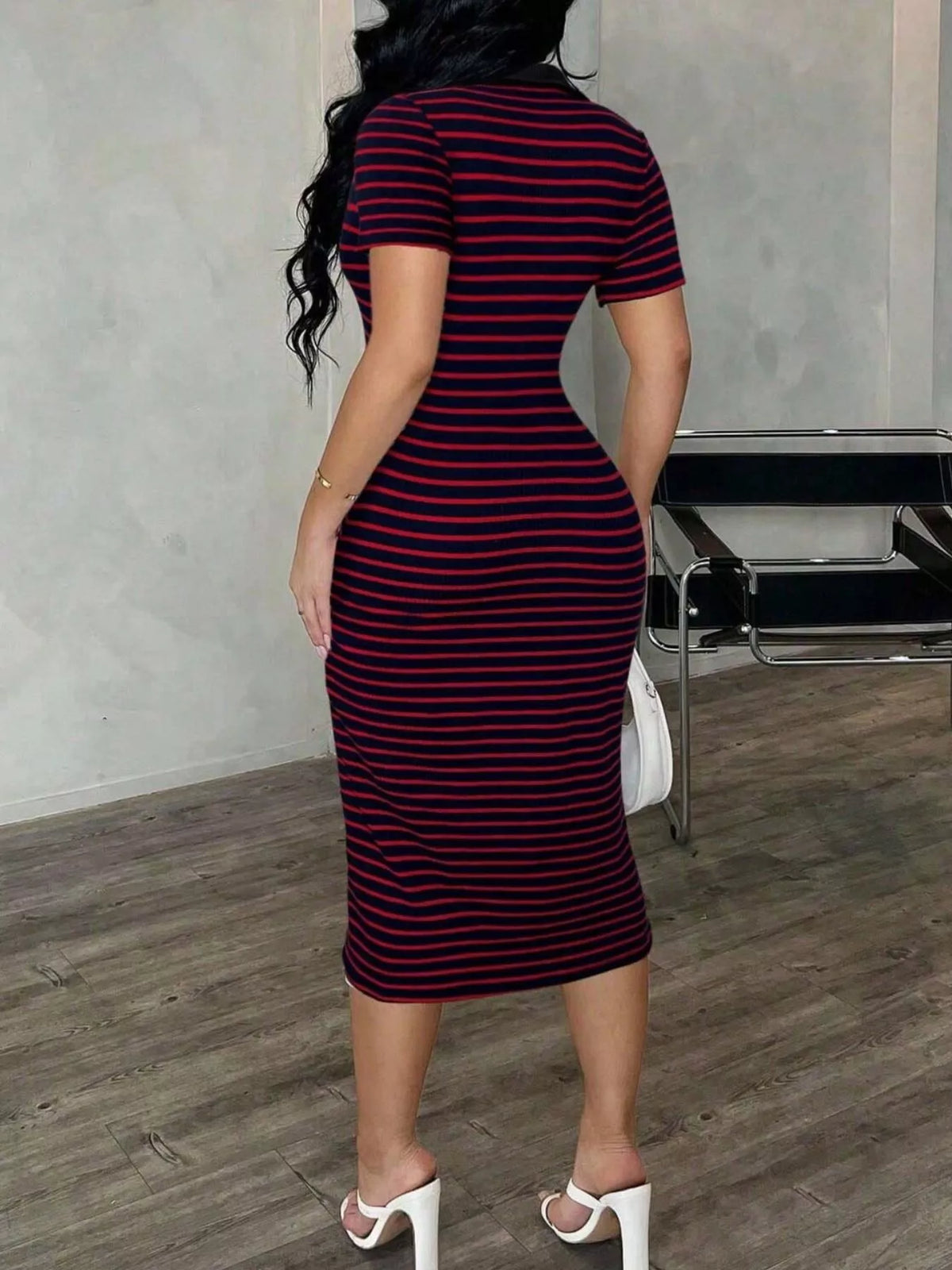 Striped polo collar midi dress side view