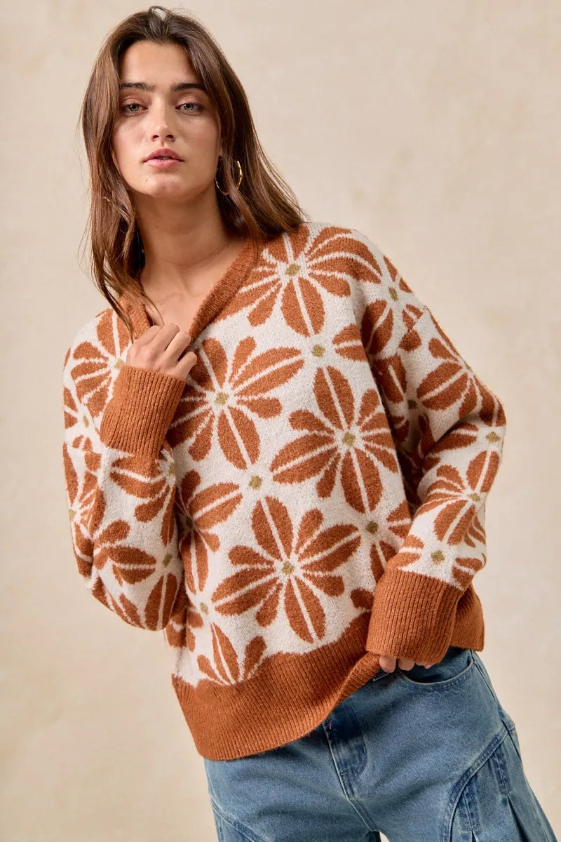 Floral Pattern Long Sleeve Sweater in Rust and Ivory