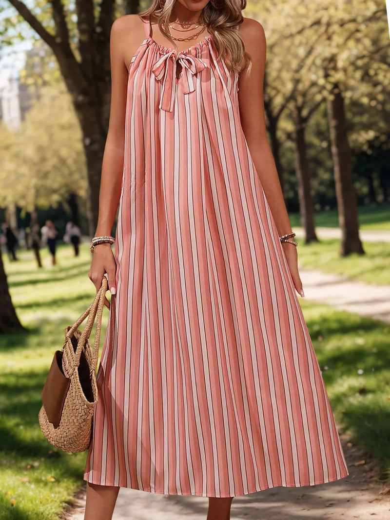 Striped tie neck midi cami dress front view