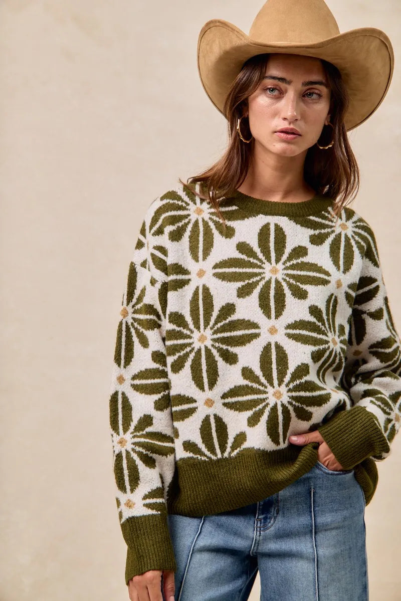 BiBi Flower Pattern Long Sleeve Sweater - Fashorio