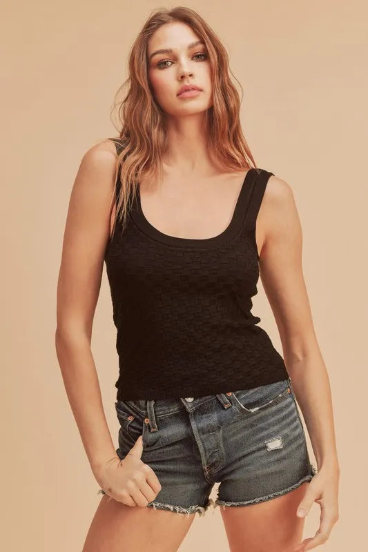 Black scoop neck wide strap knit tank front view