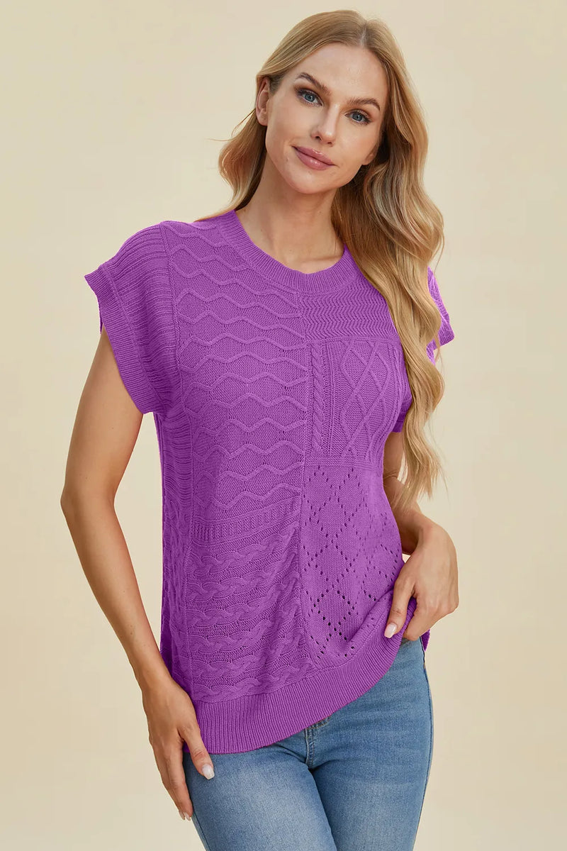 Double Take cable knit cap sleeve sweater front view