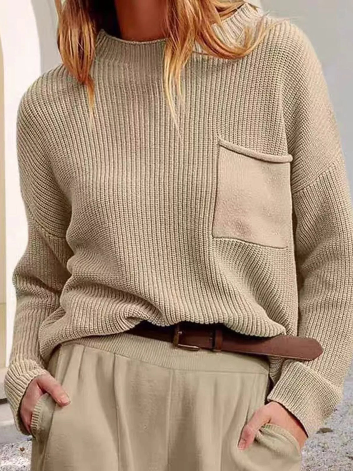 pocket detail dropped shoulder ribbed sweater front view
