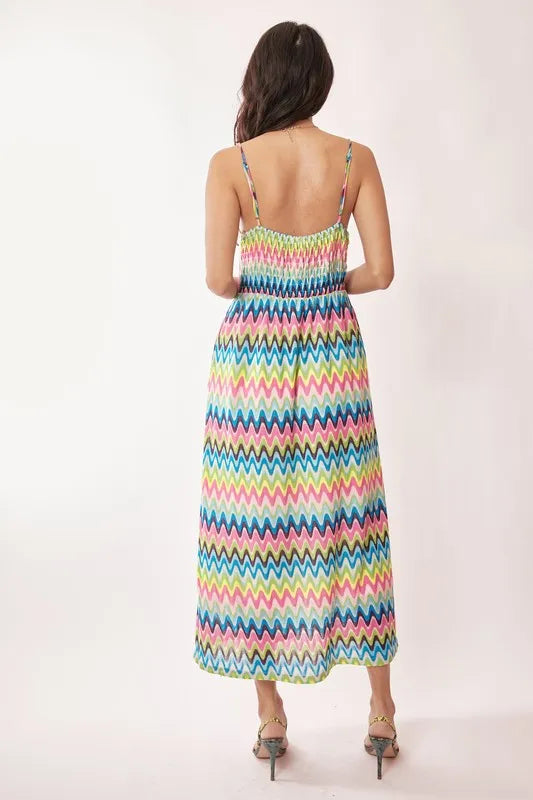 Crochet Lace Midi Dress in Pink and Blue back view