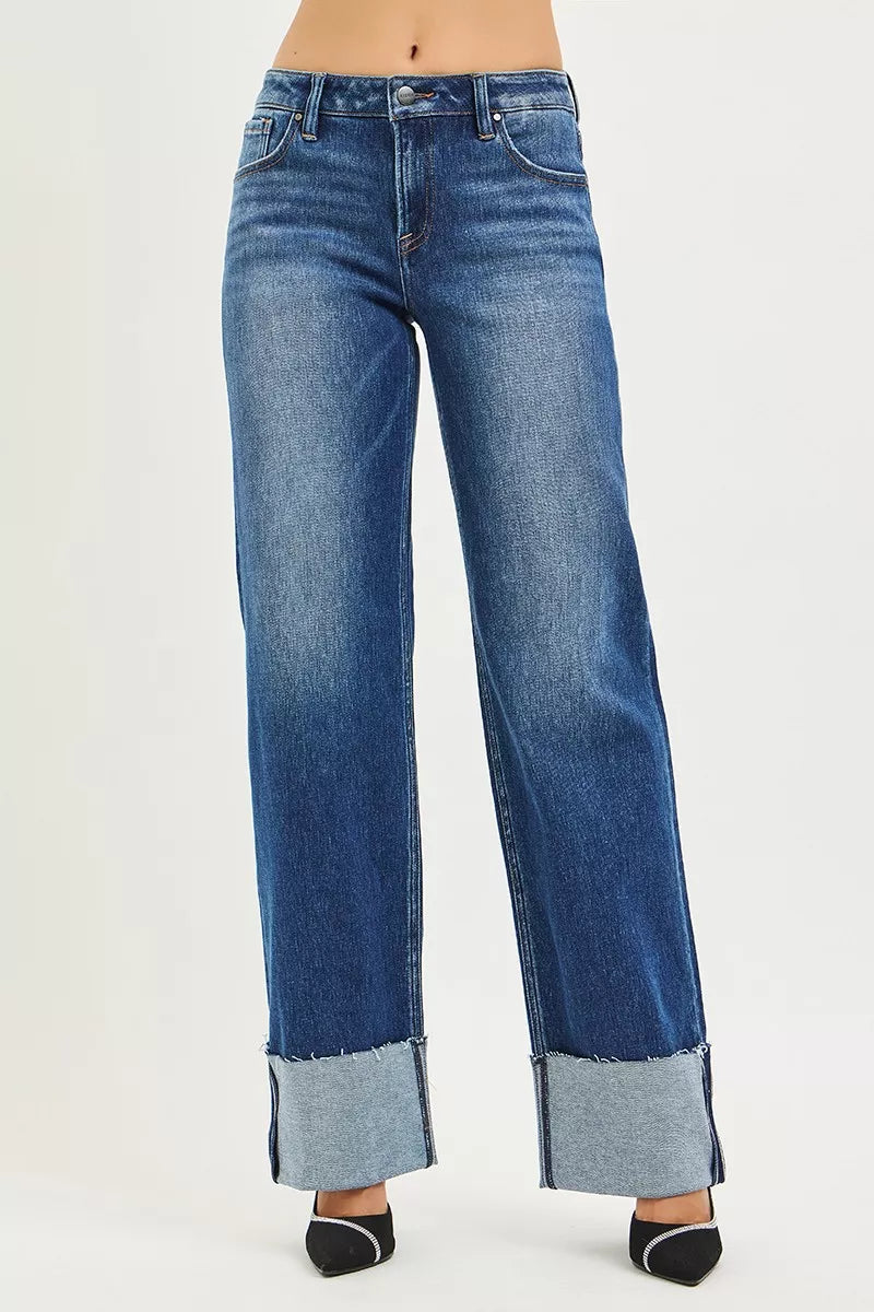 RISEN mid rise wide straight jeans dark wash front view