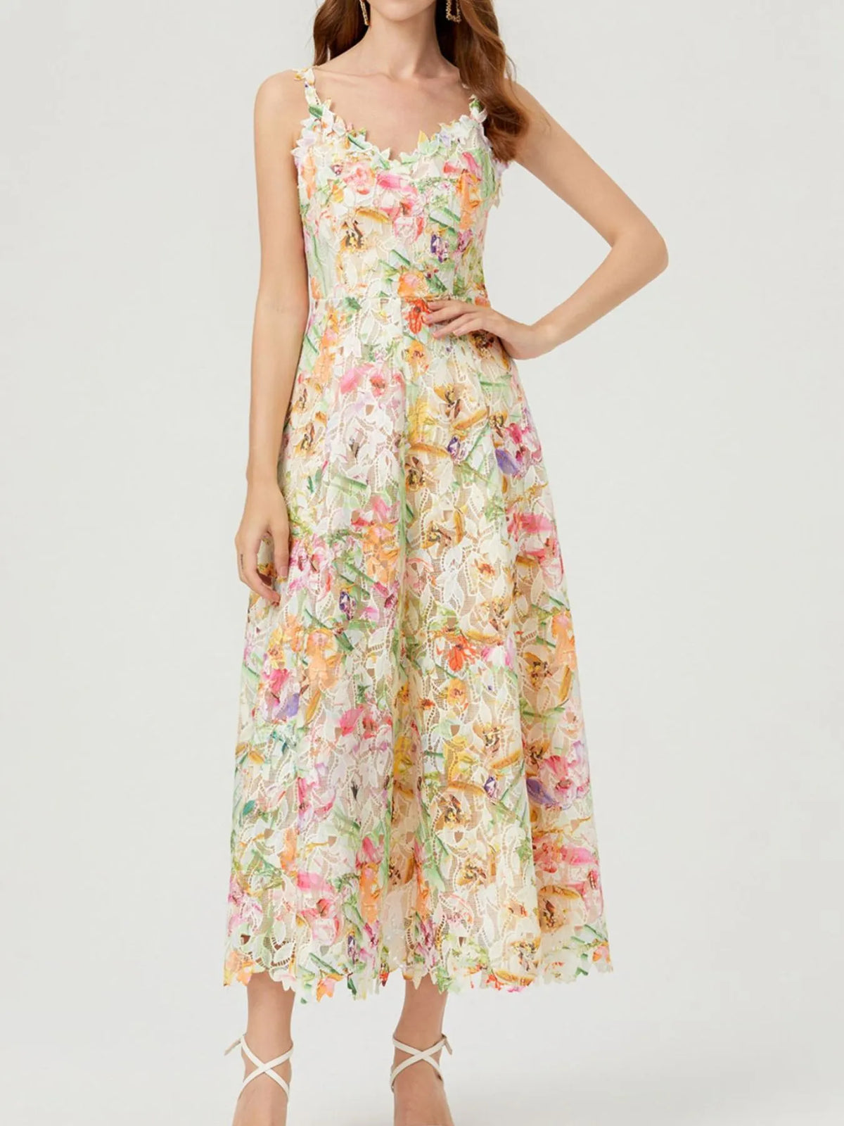 Floral Lace Sleeveless V Neck Midi Dress front view
