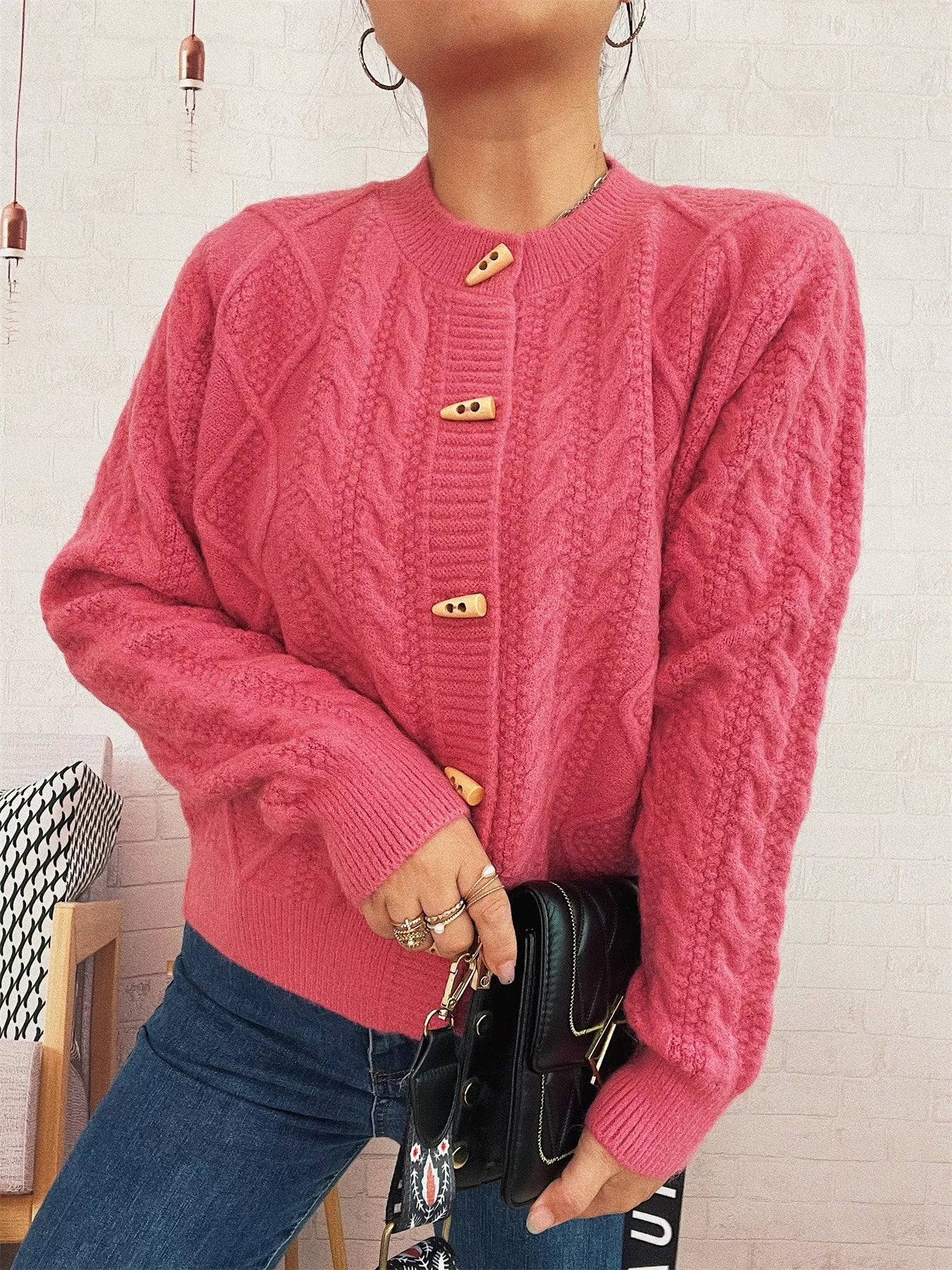 Cable Knit Button-Up Cardigan - Fashorio