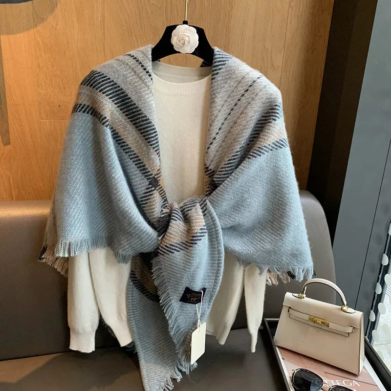 Raw hem plaid scarf draped view