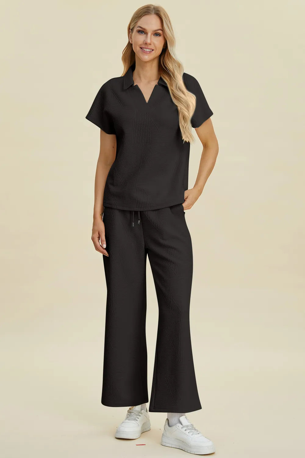 Double Take Full Size Collared Neck Short Sleeve Top and Pants Set - Fashorio