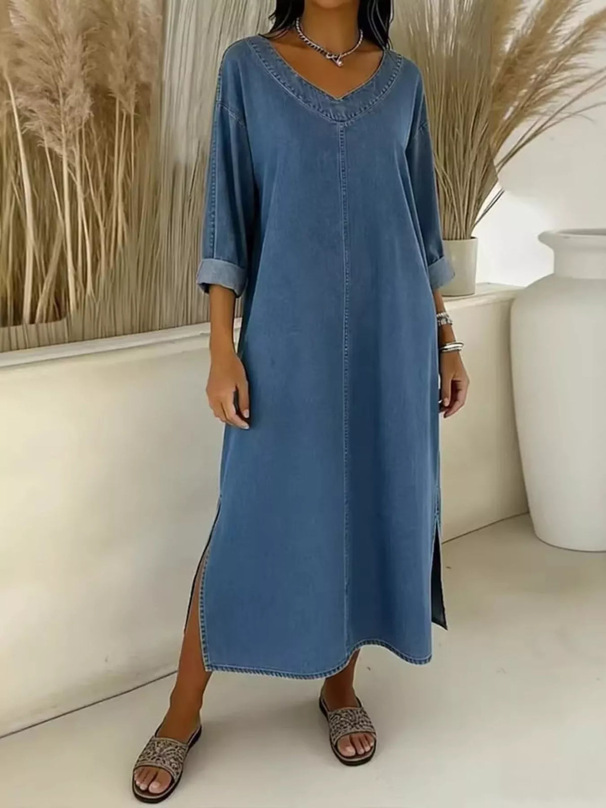 Side slit V neck long sleeve midi dress back view