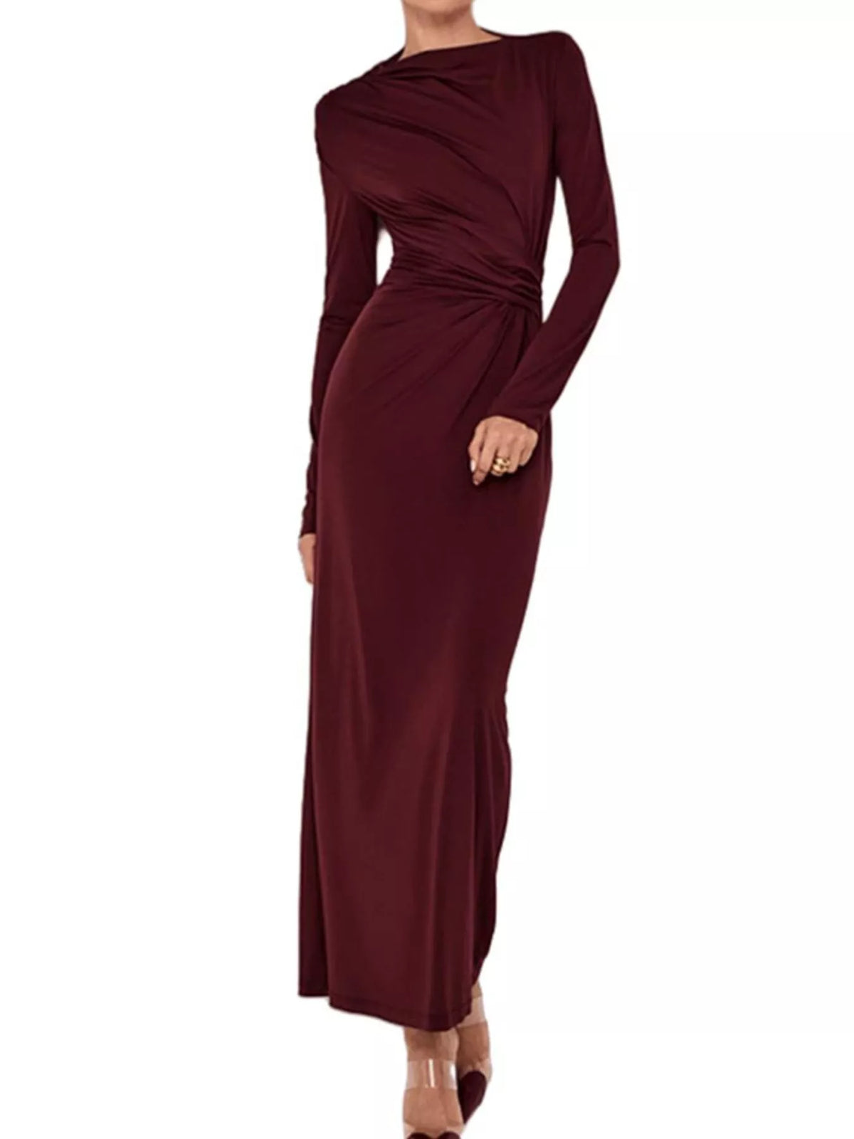 ruched long sleeve bodycon maxi dress close up