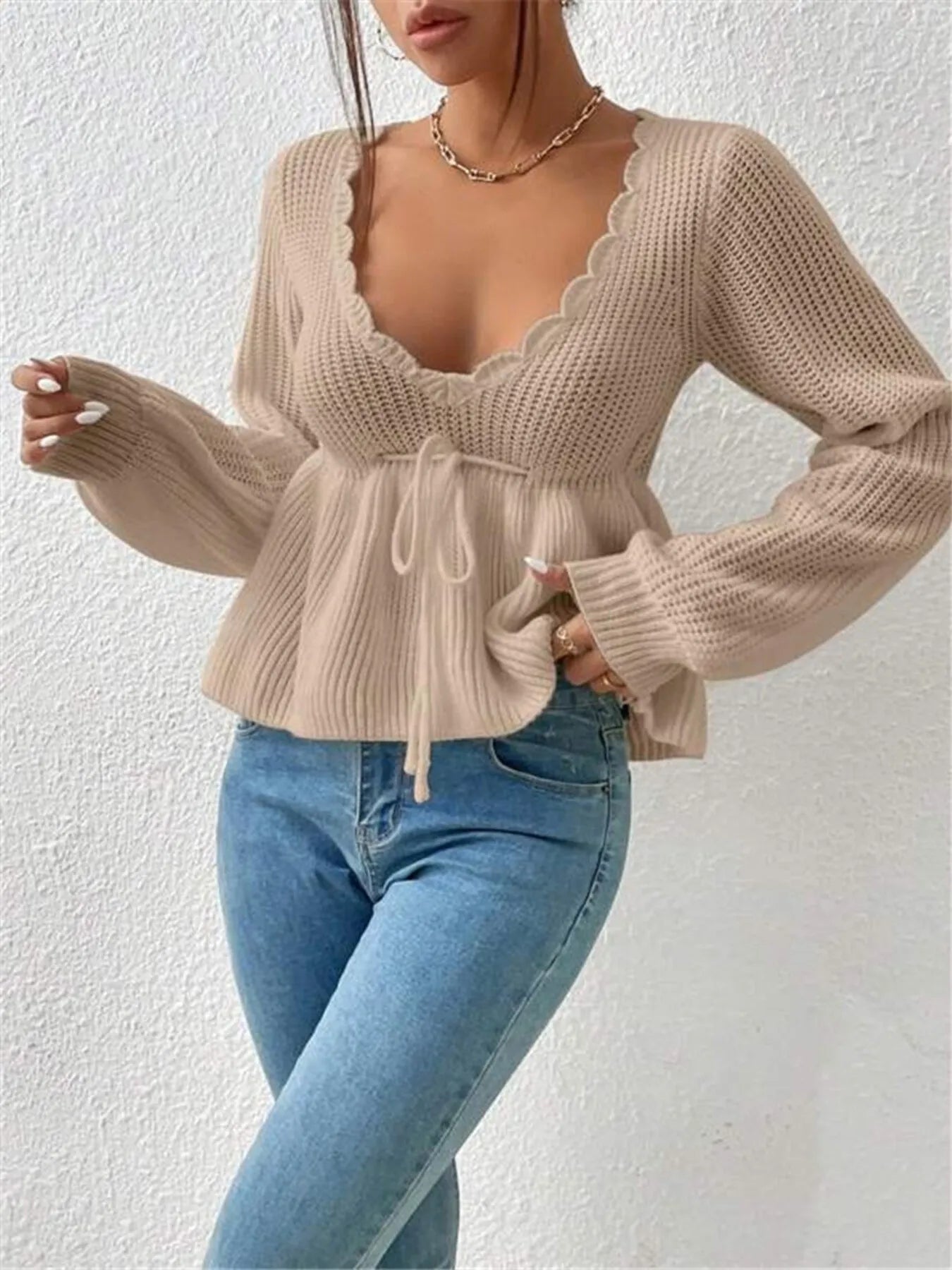 Scalloped V-Neck Drawstring Knit Top - Fashorio