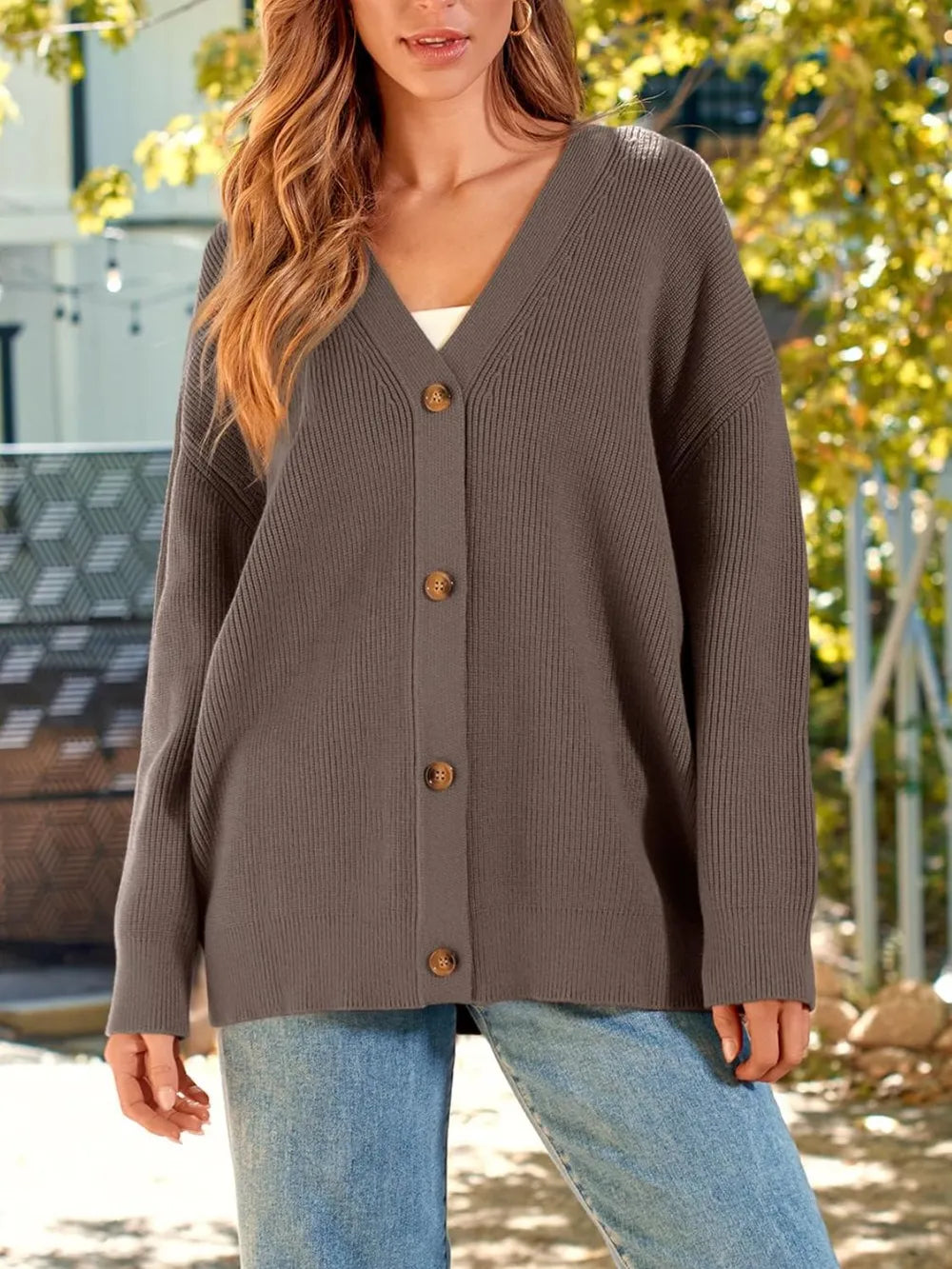 Button Down Long Sleeve Cardigan Coffee Brown - Fashorio