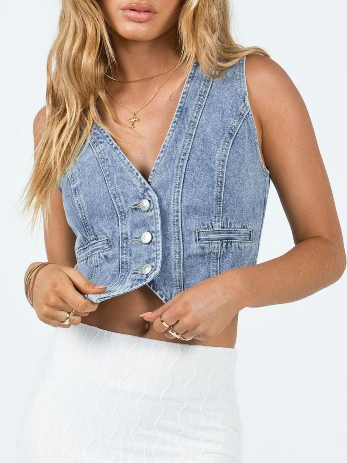 V Neck Button Up Denim Vest in Light Wash