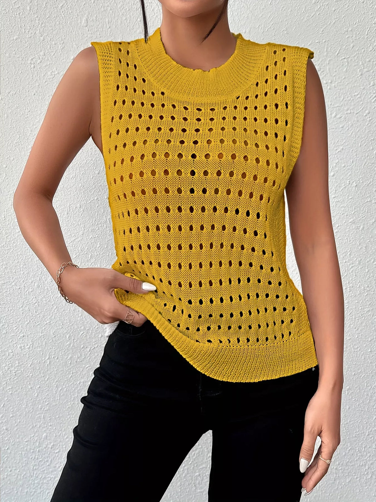 Openwork round neck knit tank sleeve and cuff detail