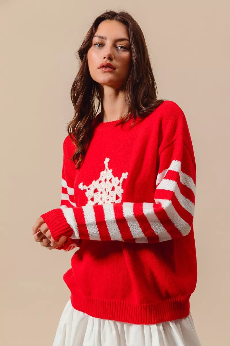 Snowflake Crochet Christmas Sweater in Red and Ivory detail