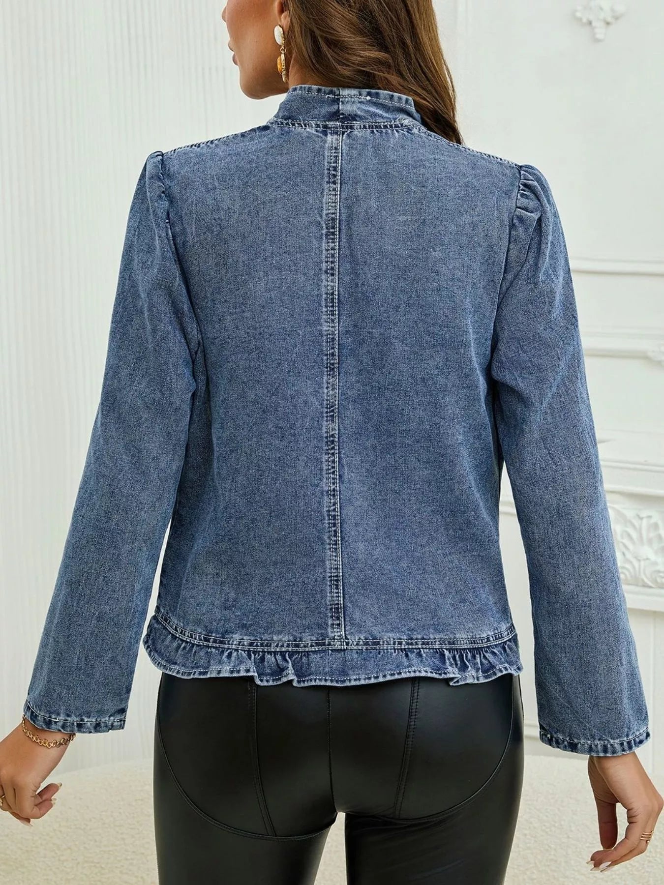 Ruffle Trim Cropped Denim Jacket - Fashorio