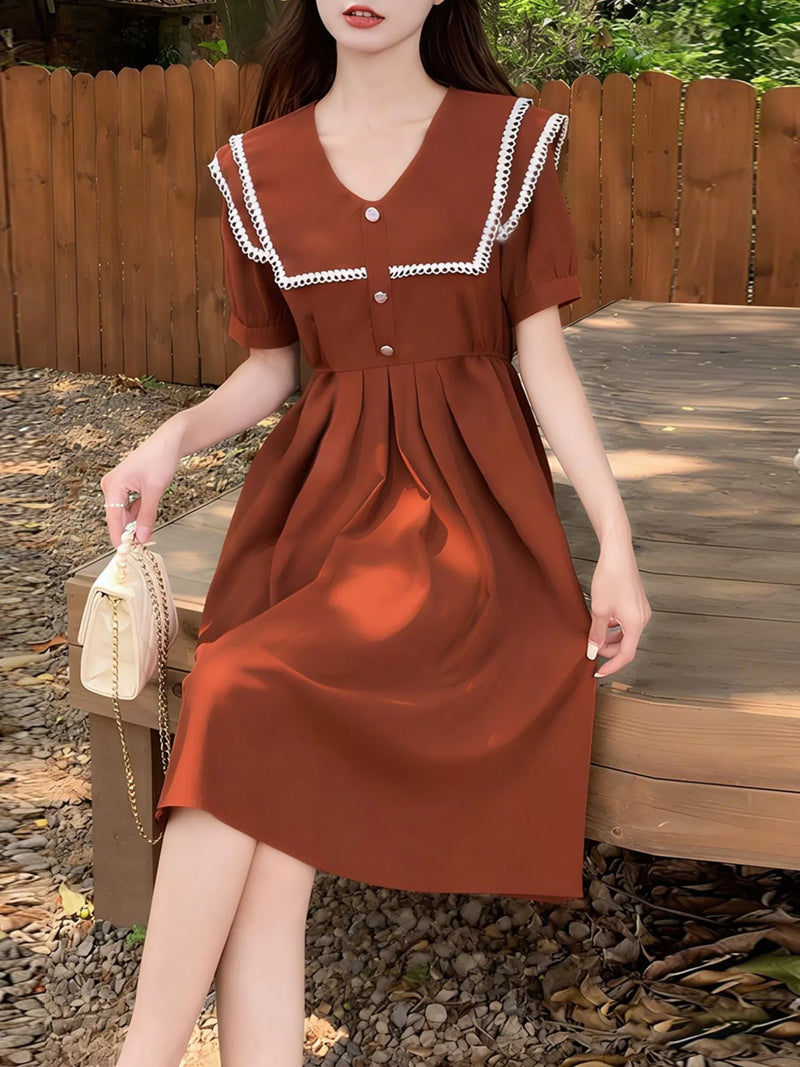 Orange red sailor collar pleated dress front view