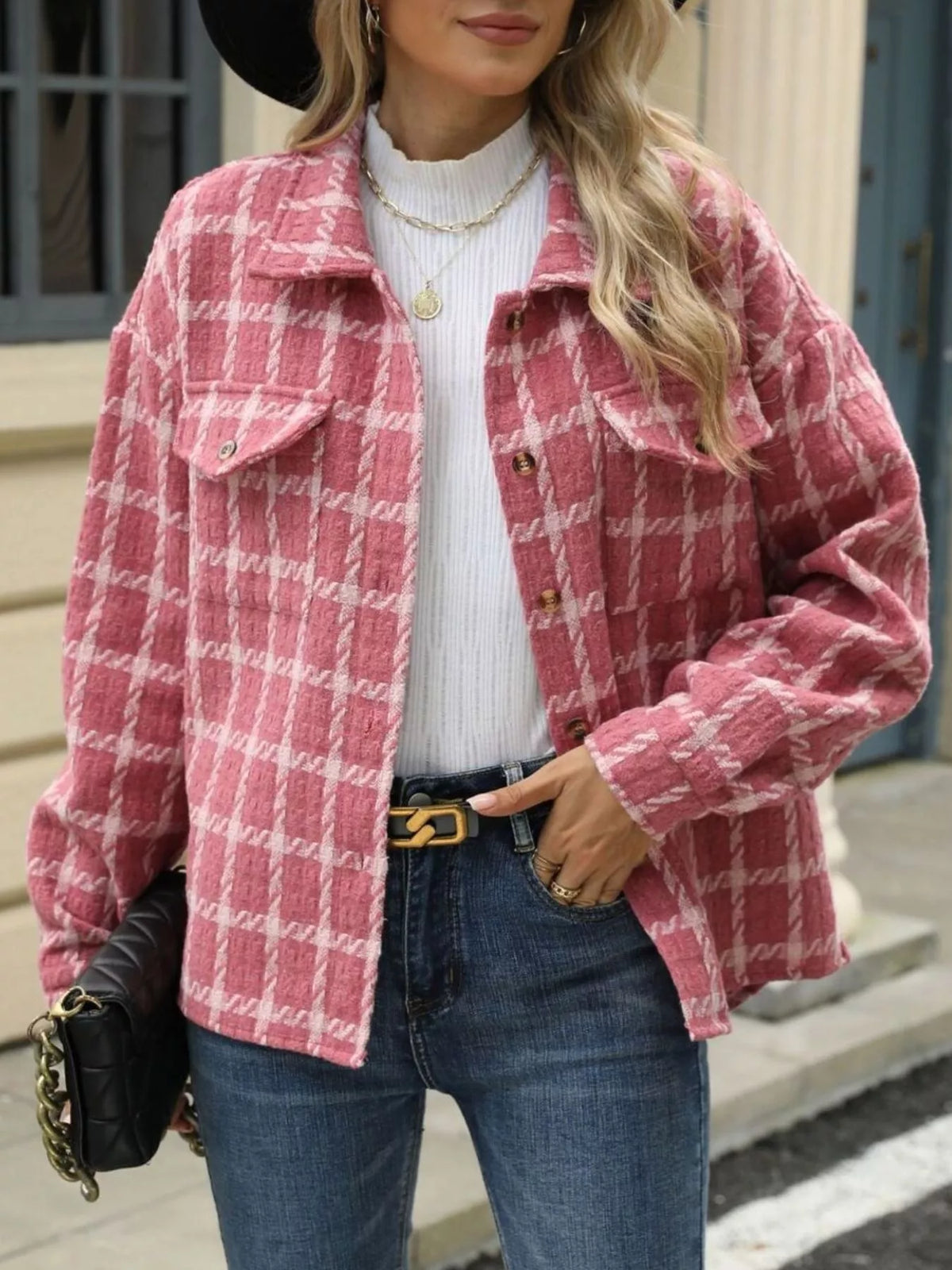 Plaid Button Up Jacket in White and Red view 7