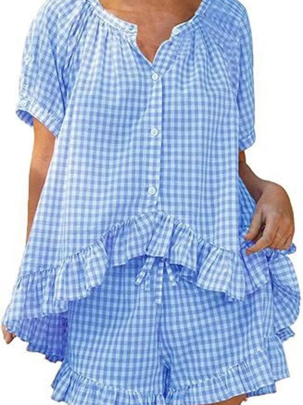 Gingham ruffle trim top detail close up