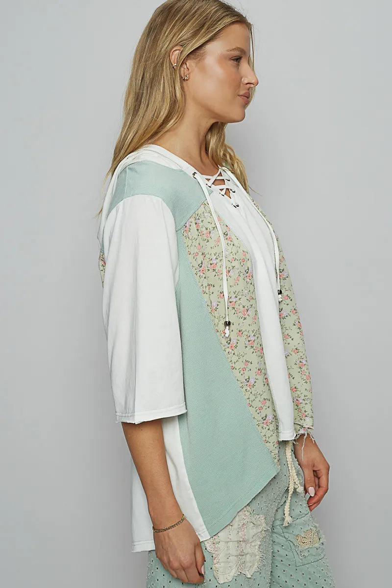 POL Lace-Up Hooded T-Shirt with Paisley Panel Detail - Fashorio