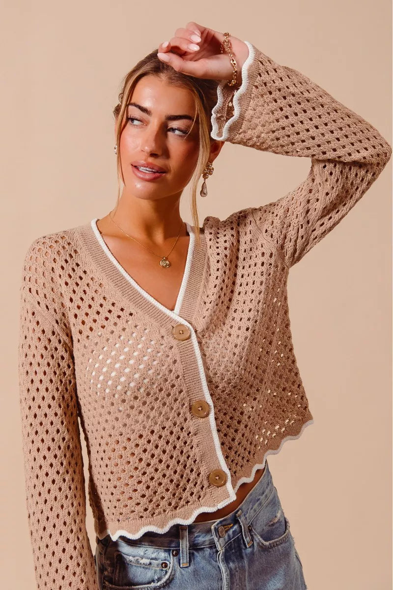 Open knit scallop cardigan full length