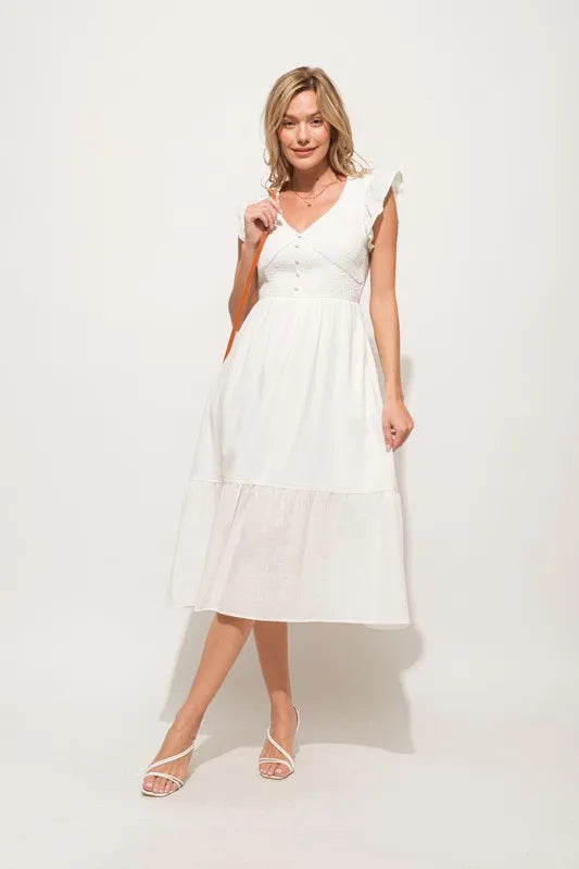 Ruffle Sleeve Front Smocked Tiered Midi Dress close up