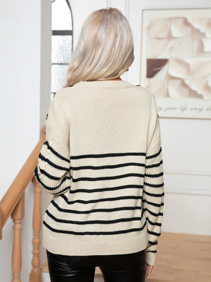 Striped Round Neck Cable-Knit Sweater - Fashorio