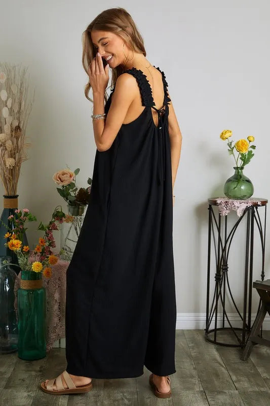 Elastic Ruffle Shoulder Jumpsuit side view