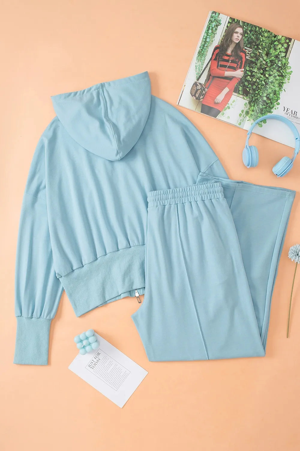 Zip-Up Hoodie and Pants Active Set Light Blue - Fashorio