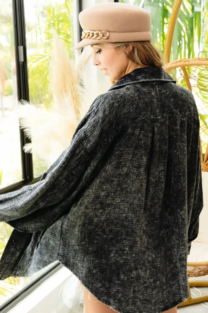 BiBi Vintage Washed Wrinkle Gauze Shacket - Fashorio