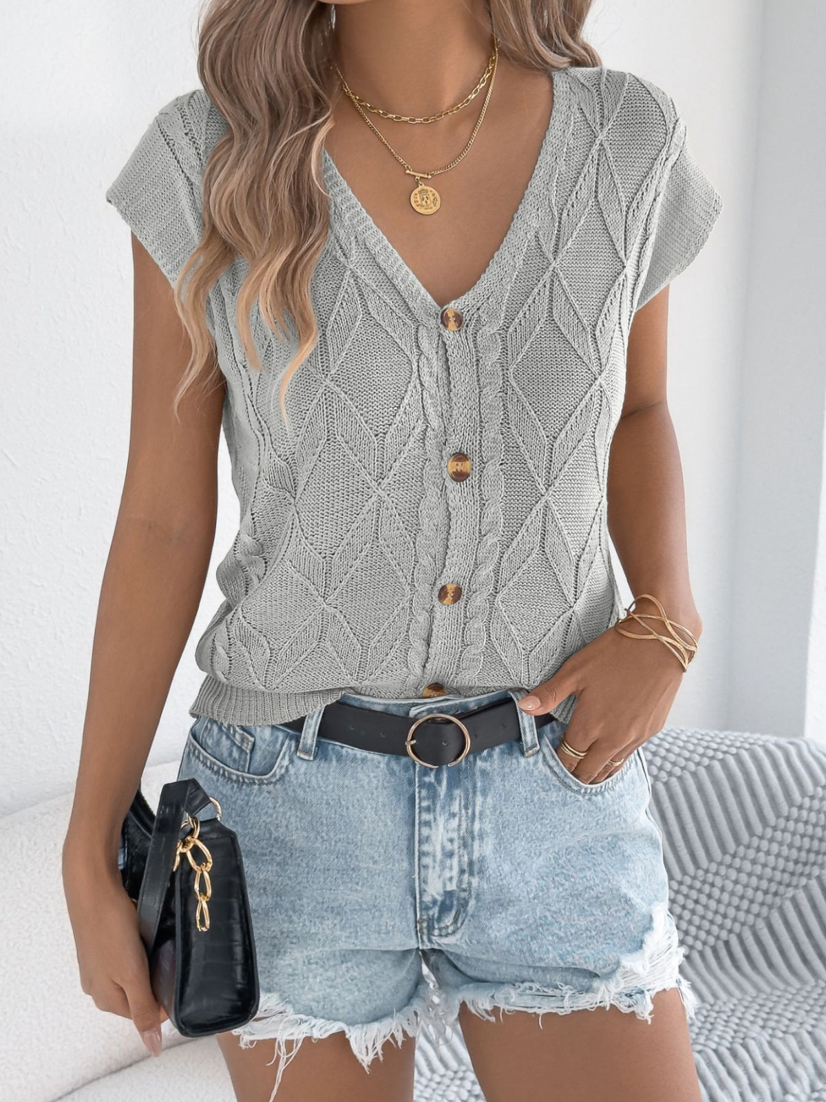 Cable Knit Button Down Cardigan, view 20