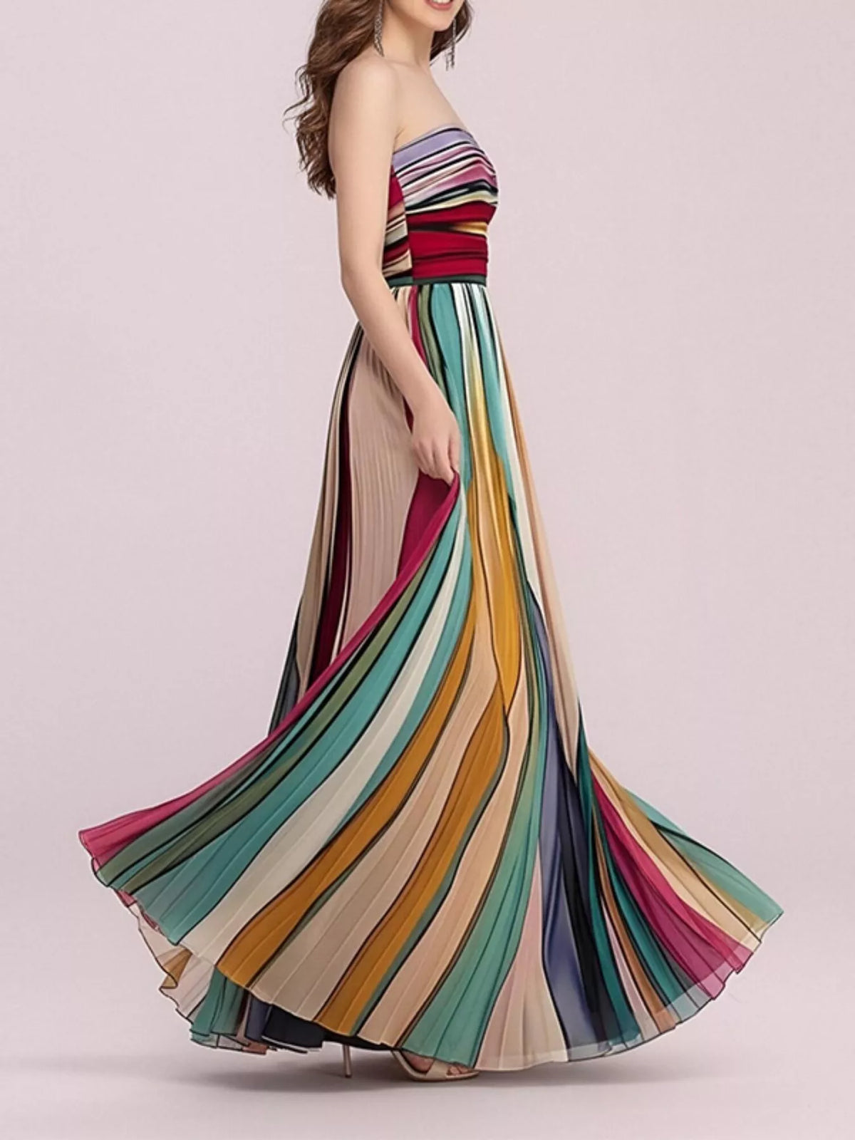 Striped pleated maxi dress full length styled