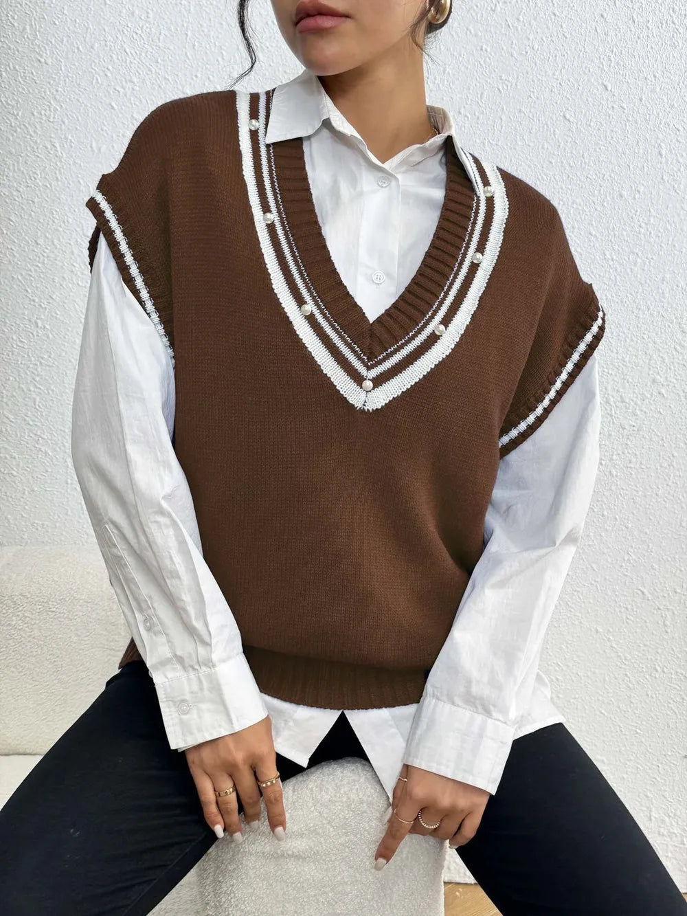 Pearl Trim Contrast V Neck Sweater Vest in Brown styled look