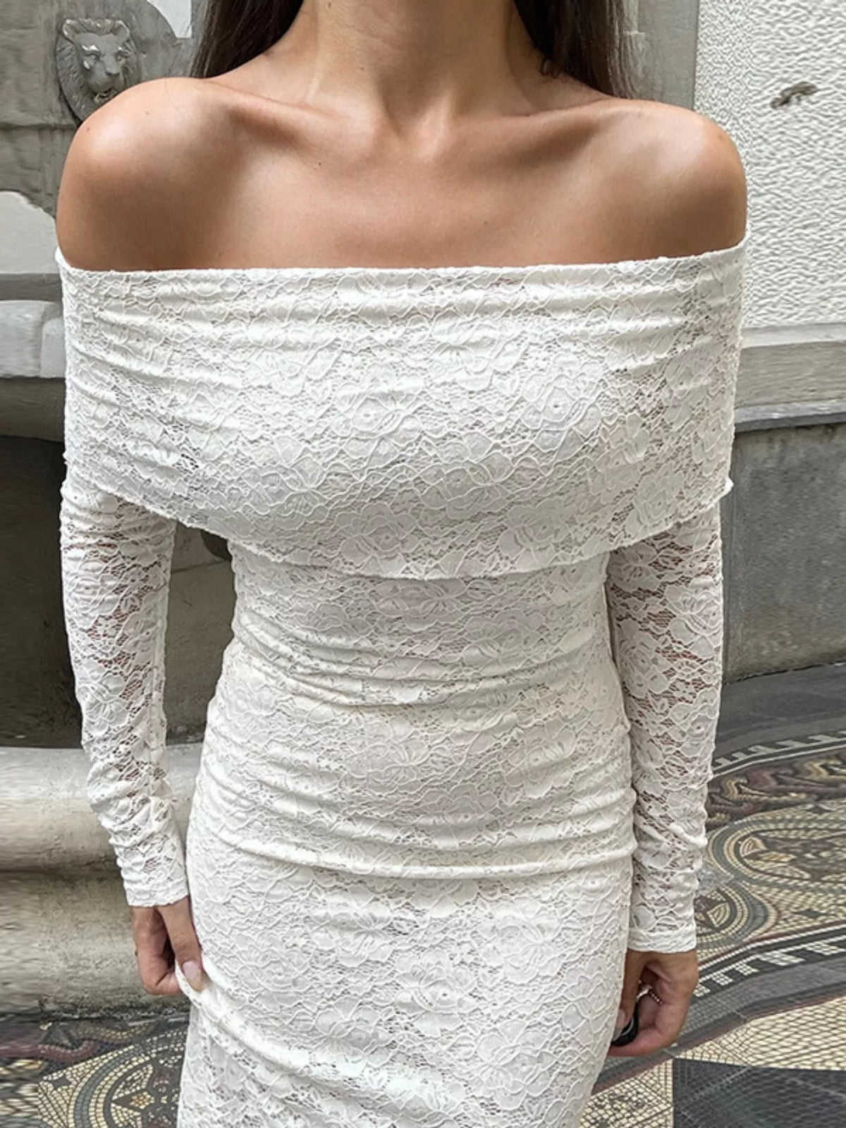 Off shoulder lace bodycon maxi dress styled full length