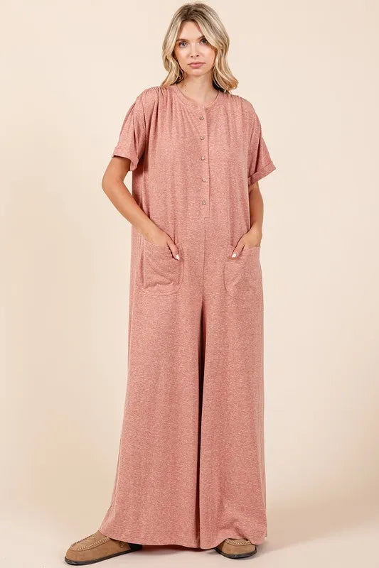 Button Detail Short Sleeve Wide Leg Jumpsuit