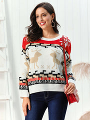 Reindeer Round Neck Sweater White - Fashorio