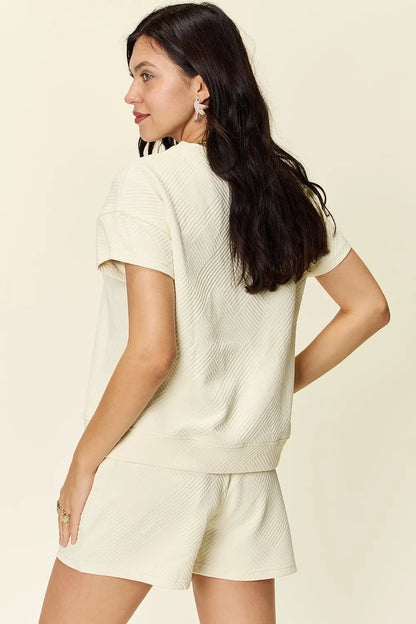 Double Take Full Size Texture Short Sleeve T-Shirt and Drawstring Shorts Set - Fashorio