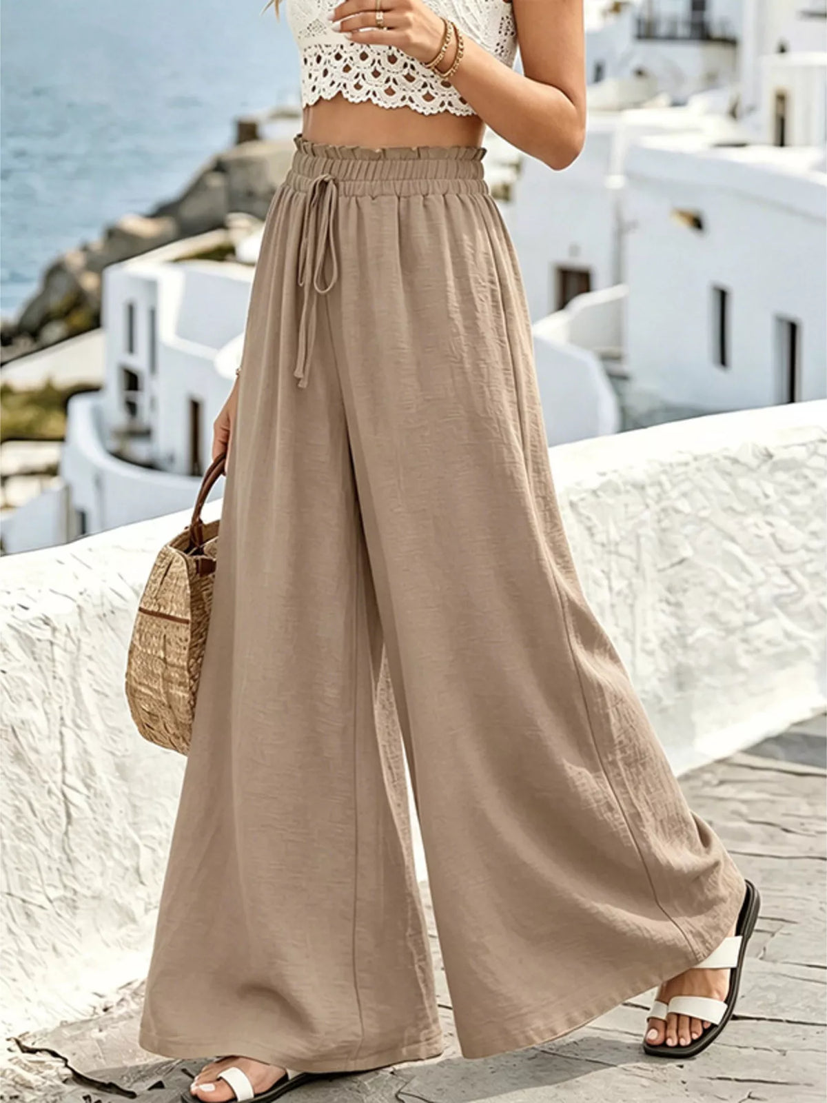 Rear detail of wide leg drawstring pants waistband